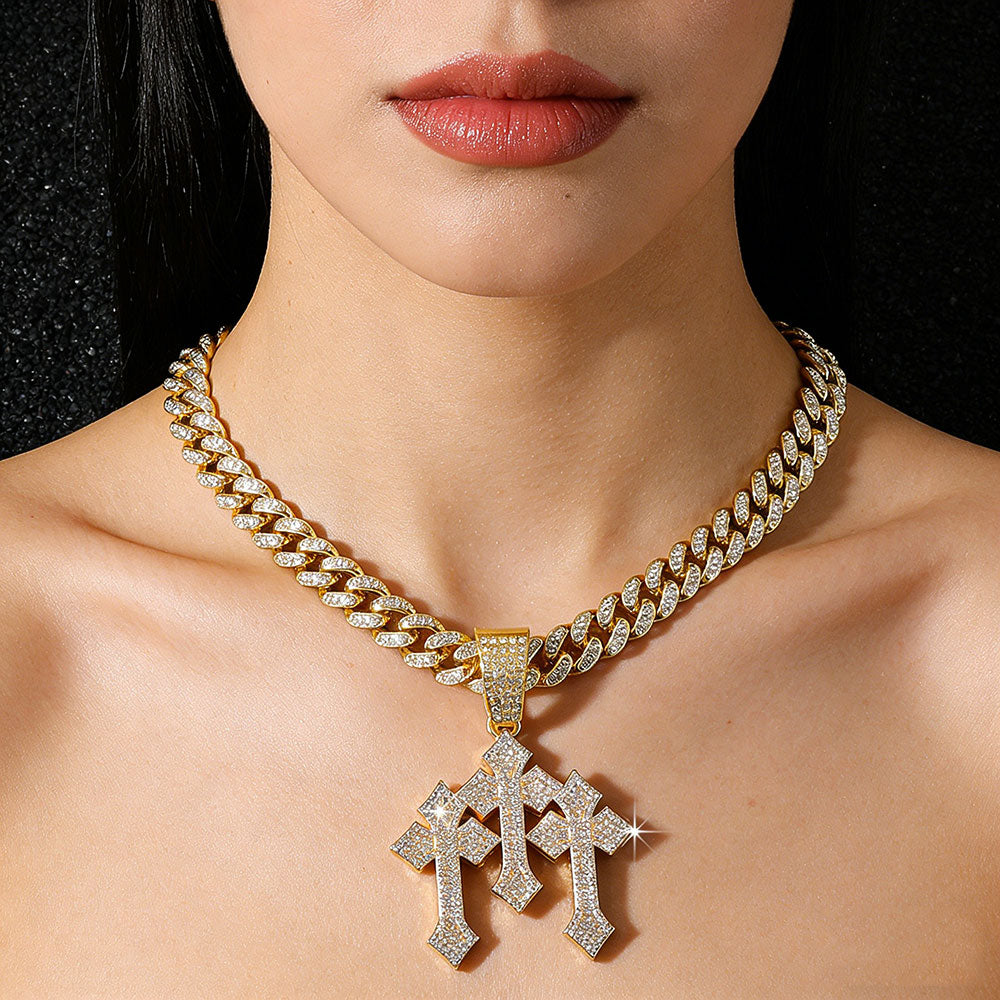 non-jewelry Triple Cross Cuban Link Statement Necklace - Gold & Silver Tone