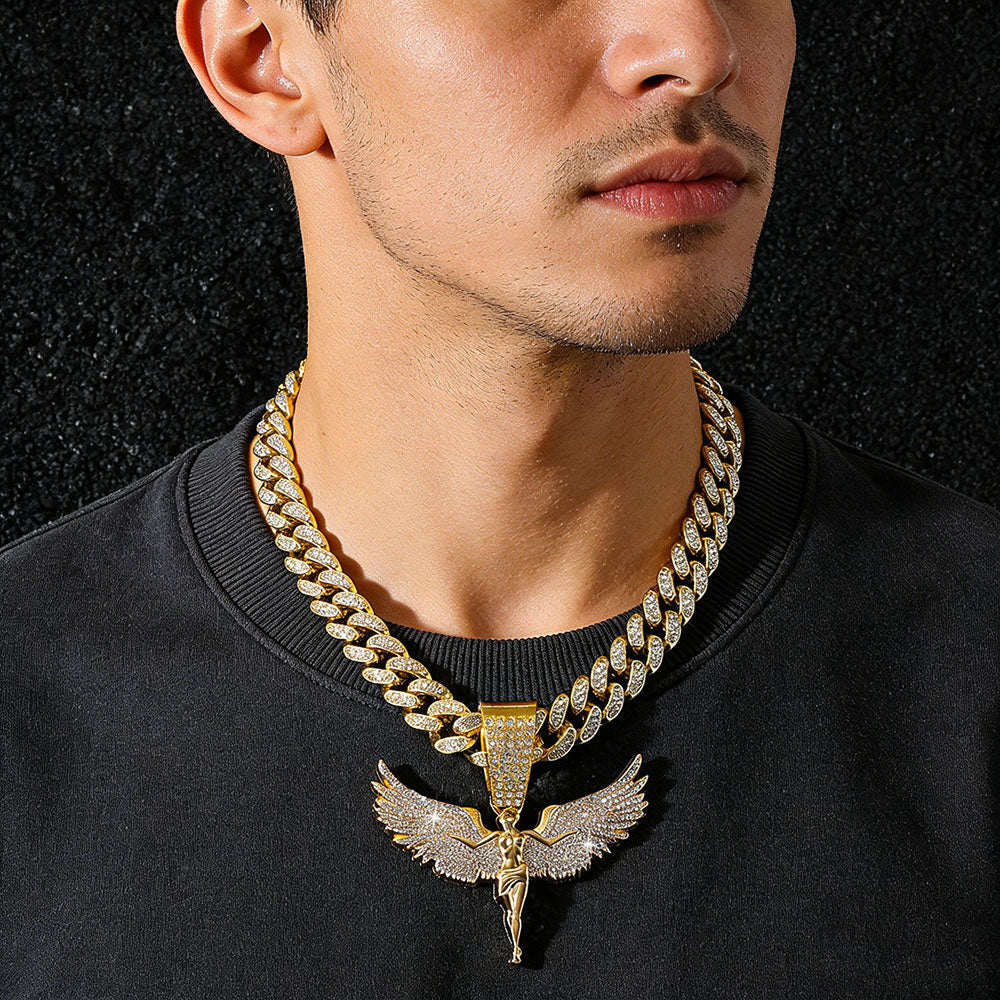 non-jewelry Iced Angel Wing Cuban Link Statement Necklace - Gold & Silver Tone