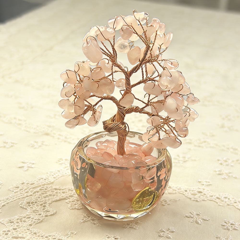 non-jewelry Rose Quartz Crystal Tree - Symbolic Heart & Soft Color Rooted Decor
