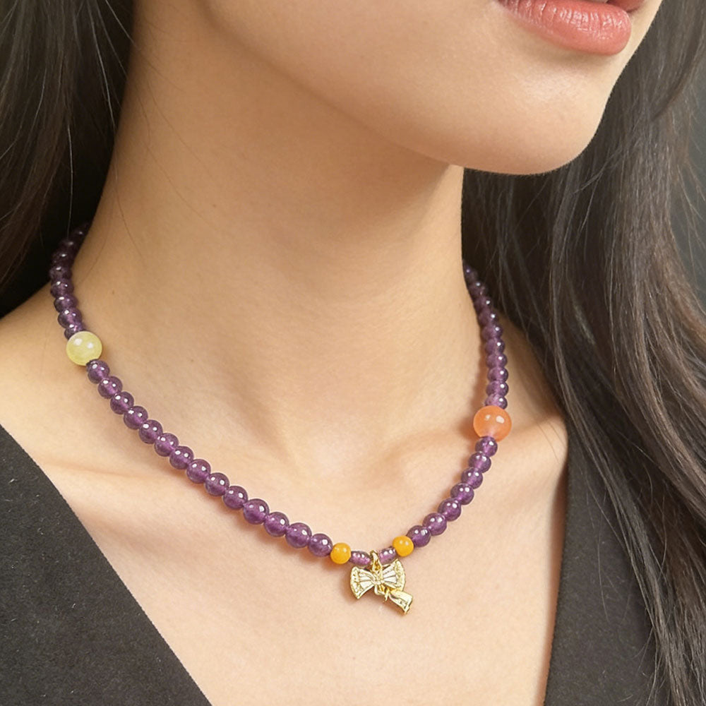 non-jewelry Amethyst & Mixed Crystal Beaded Bracelet with Gold Tone Butterfly Accent
