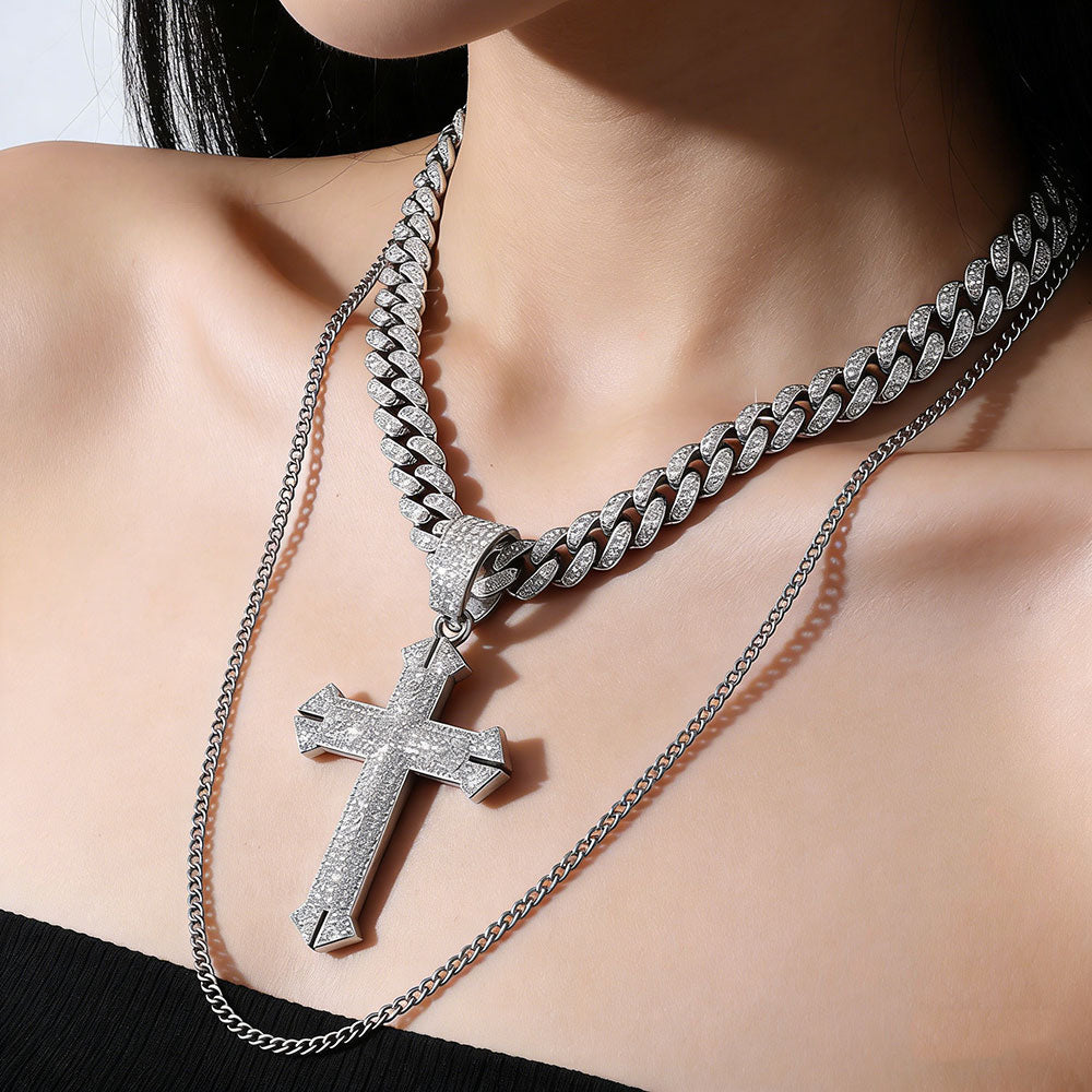 non-jewelry Iced Cross Cuban Link Statement Necklace - Gold & Silver Tone