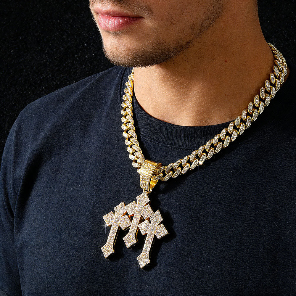 non-jewelry Triple Cross Cuban Link Statement Necklace - Gold & Silver Tone