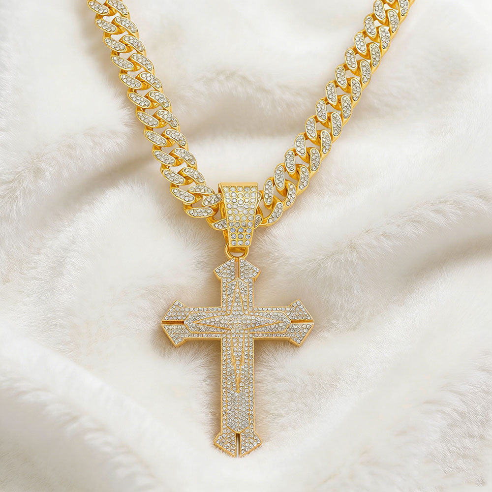 non-jewelry Iced Cross Cuban Link Statement Necklace - Gold & Silver Tone