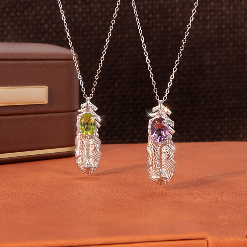 non-jewelry Feather Pendant Necklace with Natural Multi-Gemstones (Amethyst, Citrine, Aquamarine, Peridot, Garnet)