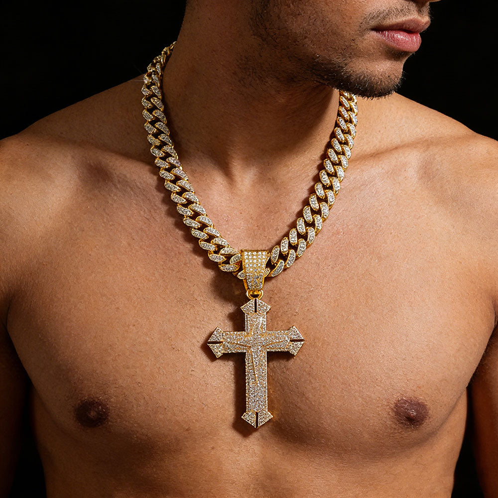 non-jewelry Iced Cross Cuban Link Statement Necklace - Gold & Silver Tone