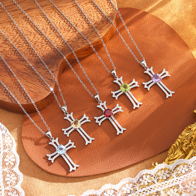 non-jewelry Cross Pendant Necklace in 925 Silver with Gemstone Center