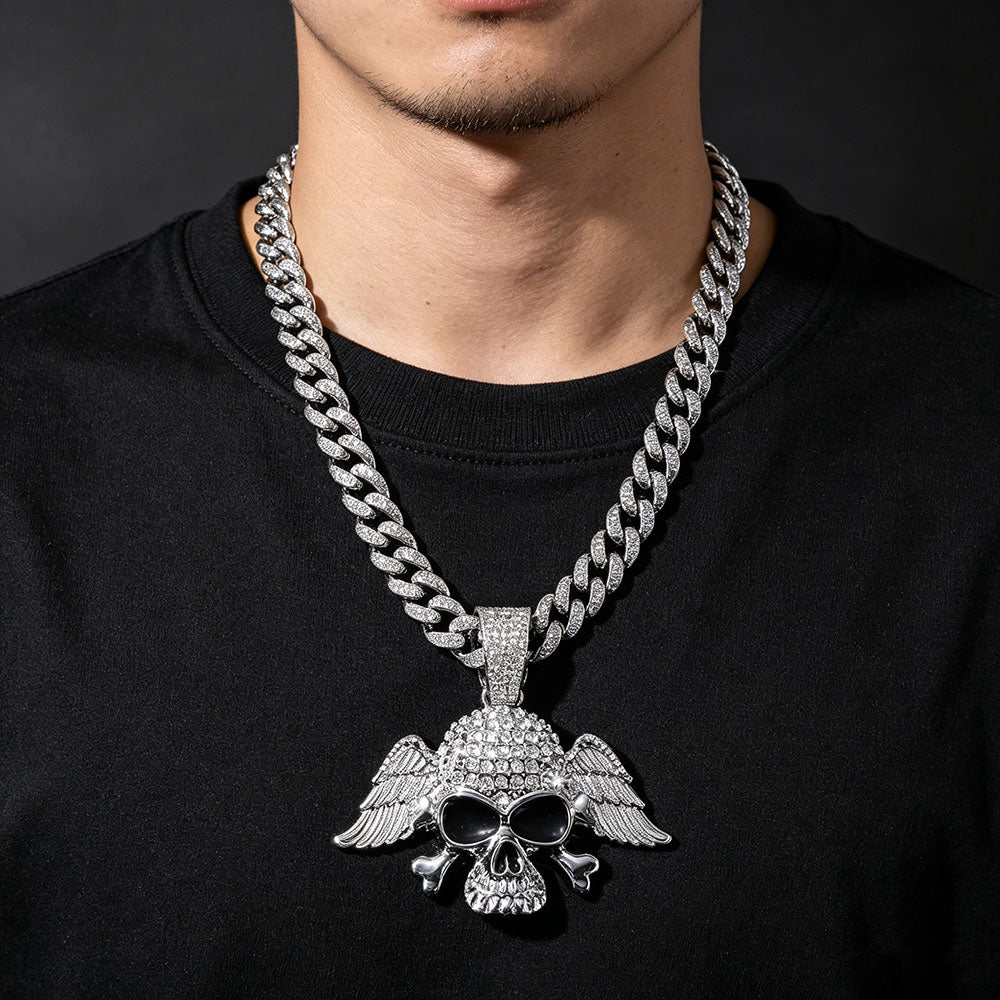 non-jewelry Winged Skull Cuban Link Iced Out Pendant Necklace