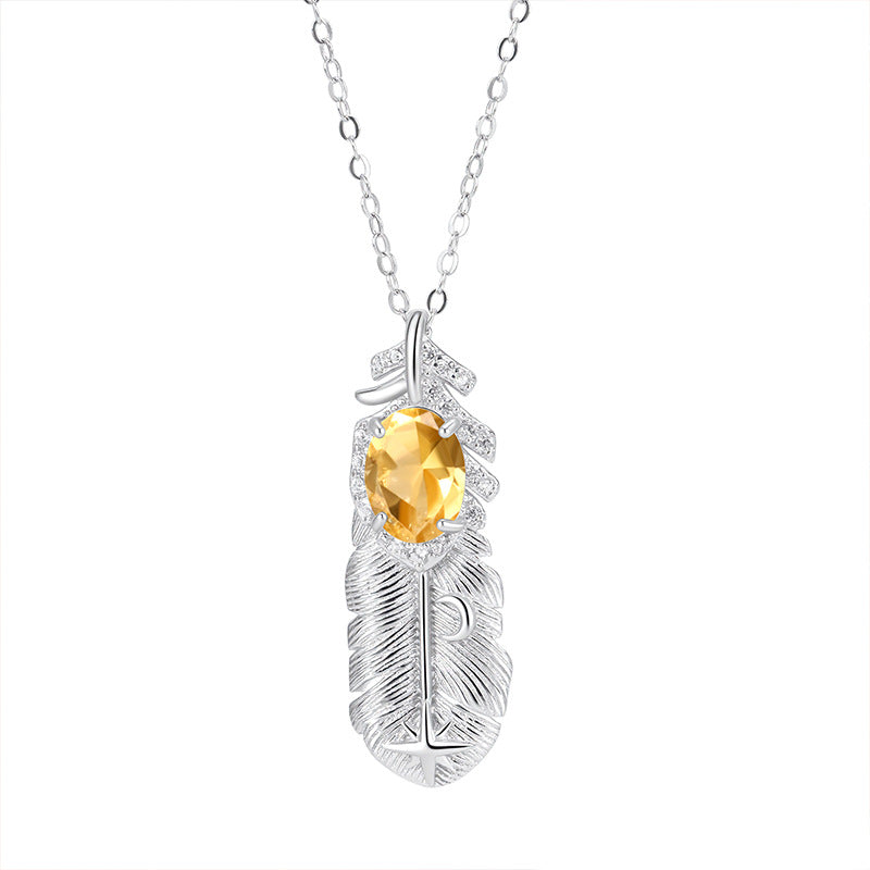 non-jewelry Feather Pendant Necklace with Natural Multi-Gemstones (Amethyst, Citrine, Aquamarine, Peridot, Garnet)