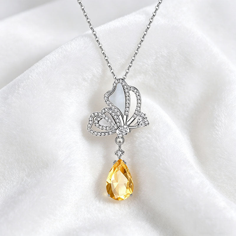 non-jewelry Butterfly Pendant Necklace in 925 Silver with Gemstone Drop