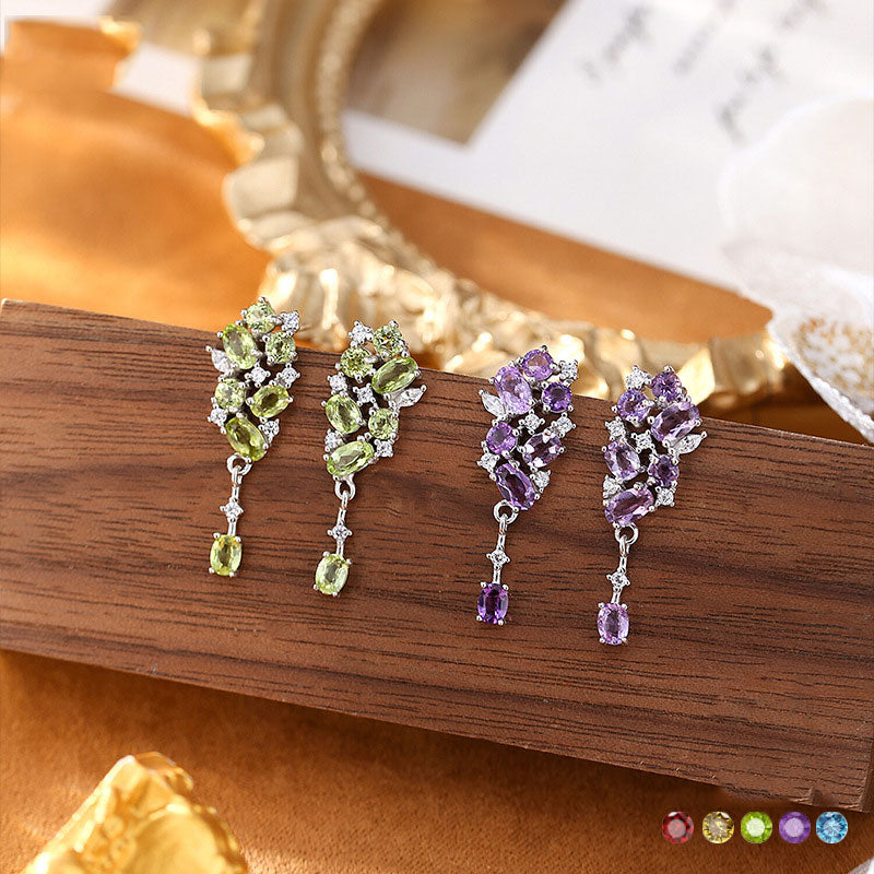 non-jewelry 925 Silver Drop Earrings with Natural Amethyst/Citrine/Garnet/Peridot/Topaz & Rhinestone Accents