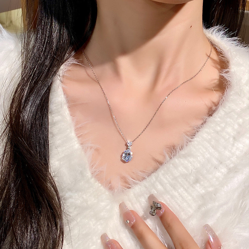 non-jewelry Aquamarine Halo Pendant Necklace, S925 Silver with Rhinestone Accents
