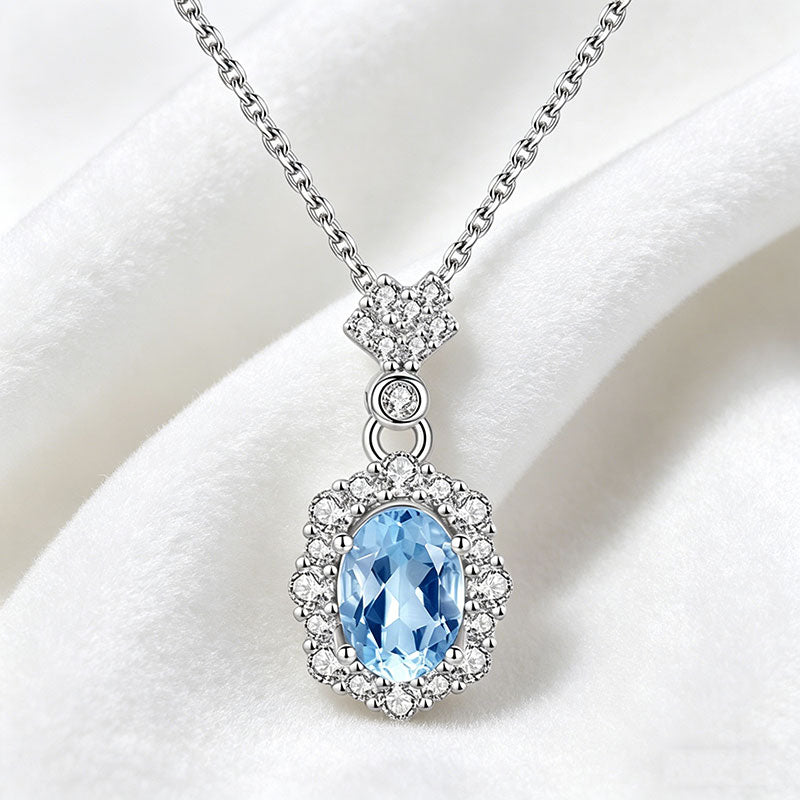 non-jewelry Aquamarine Halo Pendant Necklace, S925 Silver with Rhinestone Accents