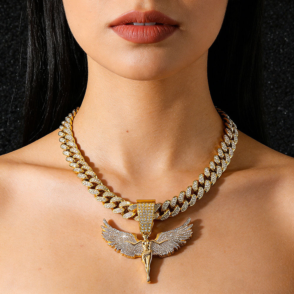 non-jewelry Iced Angel Wing Cuban Link Statement Necklace - Gold & Silver Tone