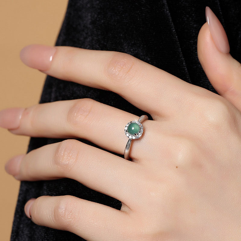 non-jewelry Blue Water Jadeite Open Ring, S925 Silver with Rhinestone Halo