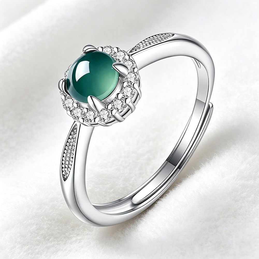 non-jewelry Blue Water Jadeite Open Ring, S925 Silver with Rhinestone Halo