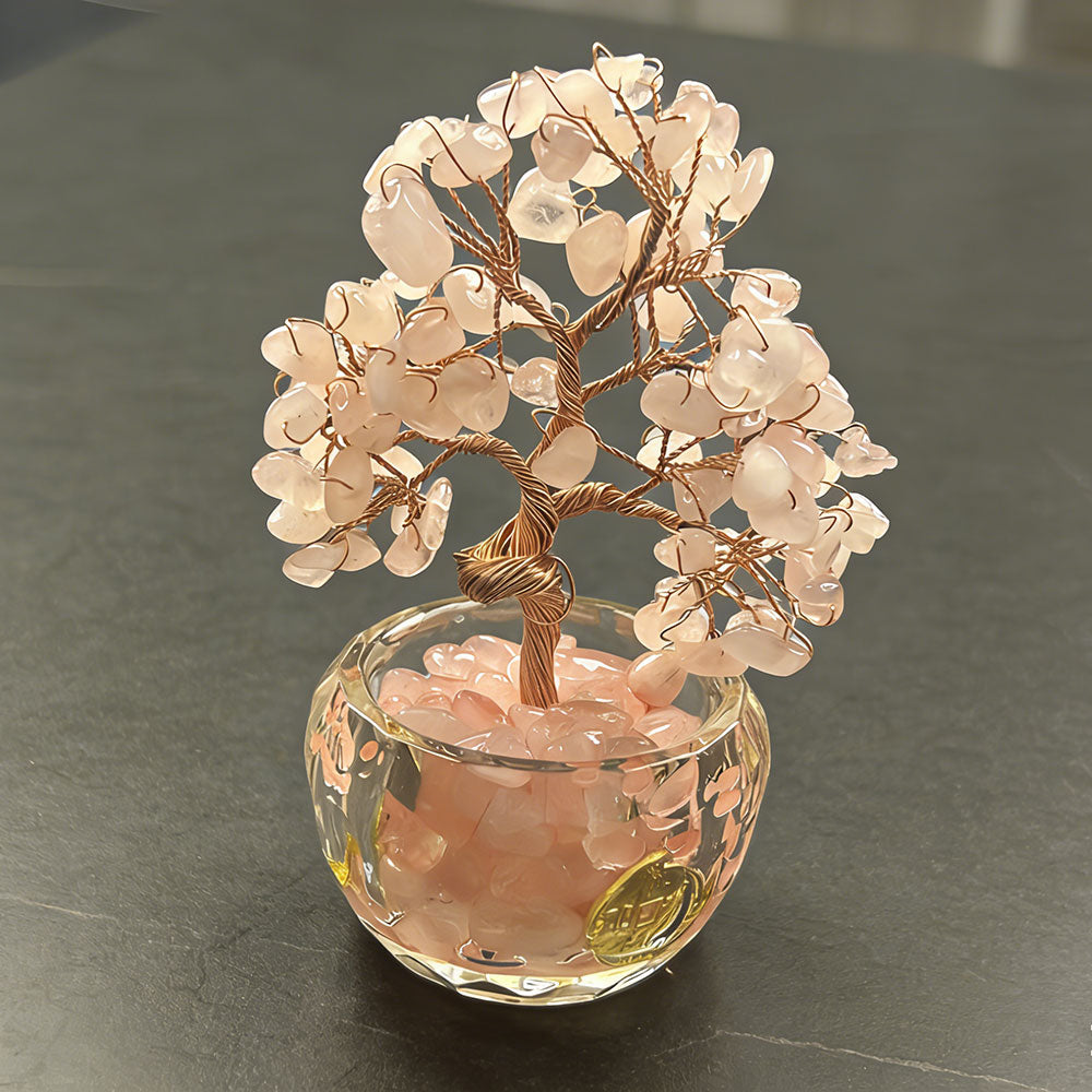 non-jewelry Rose Quartz Crystal Tree - Symbolic Heart & Soft Color Rooted Decor