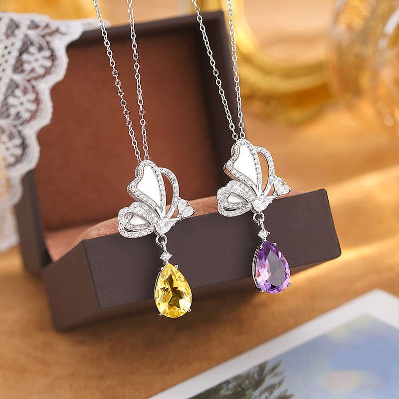 non-jewelry Butterfly Pendant Necklace in 925 Silver with Gemstone Drop