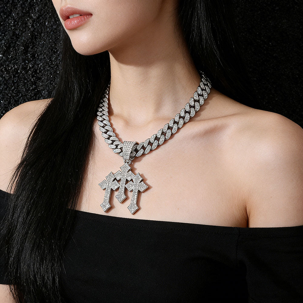 non-jewelry Triple Cross Cuban Link Statement Necklace - Gold & Silver Tone