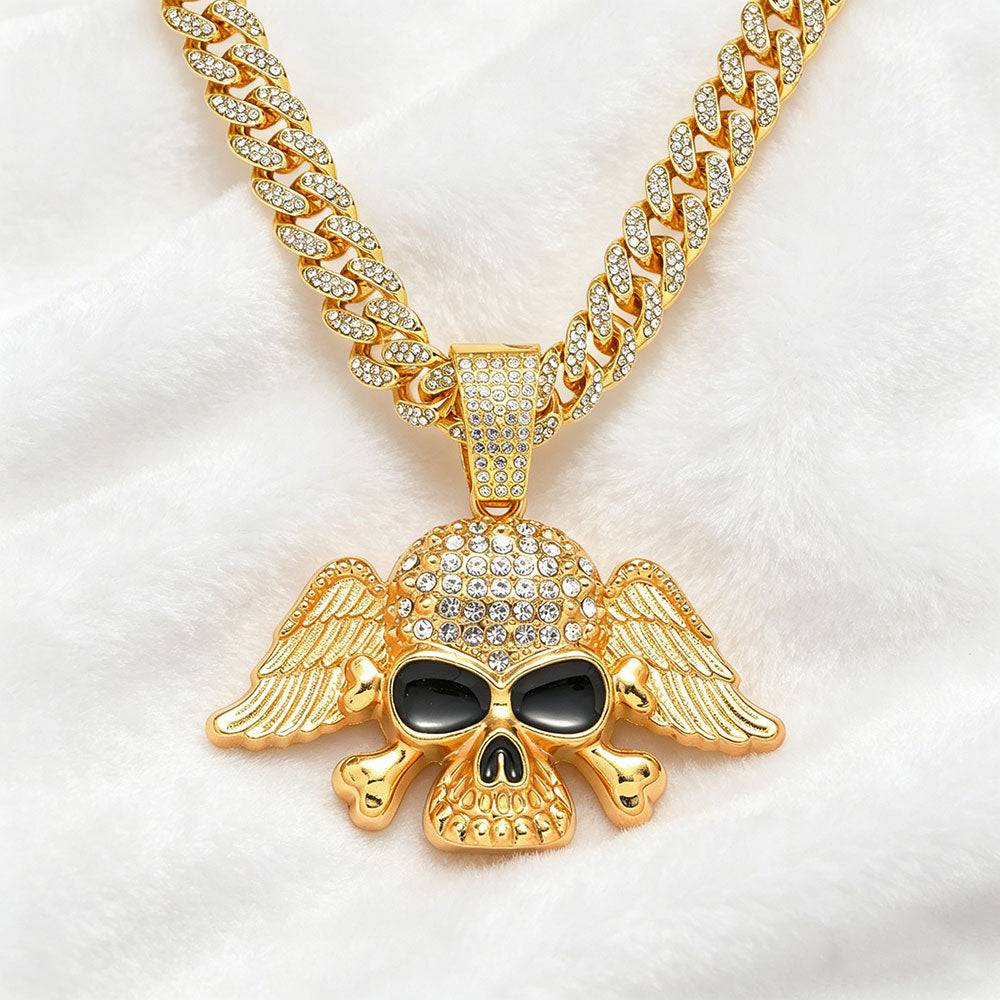 non-jewelry Winged Skull Cuban Link Iced Out Pendant Necklace