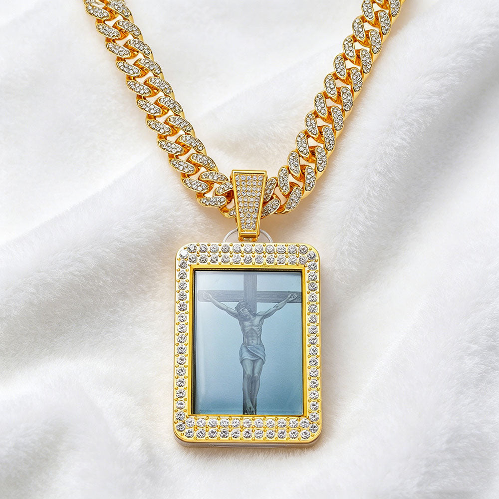 non-jewelry Jesus Crucifix Photo Pendant Cuban Link Necklace