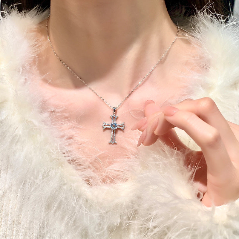 non-jewelry Cross Pendant Necklace in 925 Silver with Gemstone Center