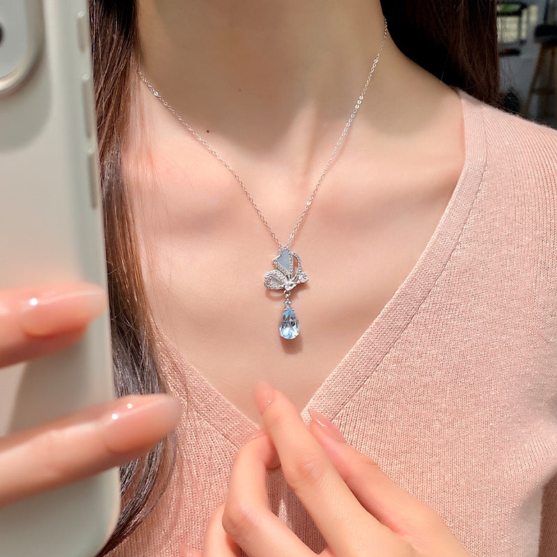 non-jewelry Butterfly Pendant Necklace in 925 Silver with Gemstone Drop
