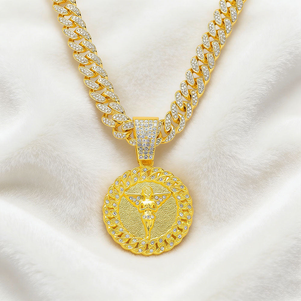 non-jewelry Angel Cuban Link Iced Pendant Necklace - Gold & Silver Tone