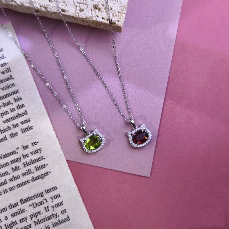 non-jewelry Cat Pendant Necklace with Natural Multi-Gemstones (Amethyst, Citrine, Aquamarine, Peridot, Garnet)
