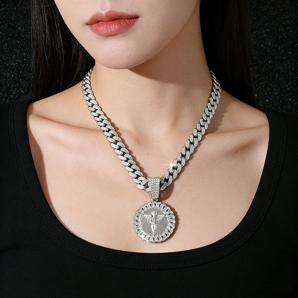 non-jewelry Angel Cuban Link Iced Pendant Necklace - Gold & Silver Tone