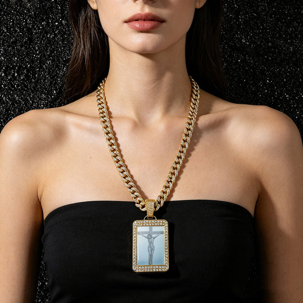 non-jewelry Jesus Crucifix Photo Pendant Cuban Link Necklace
