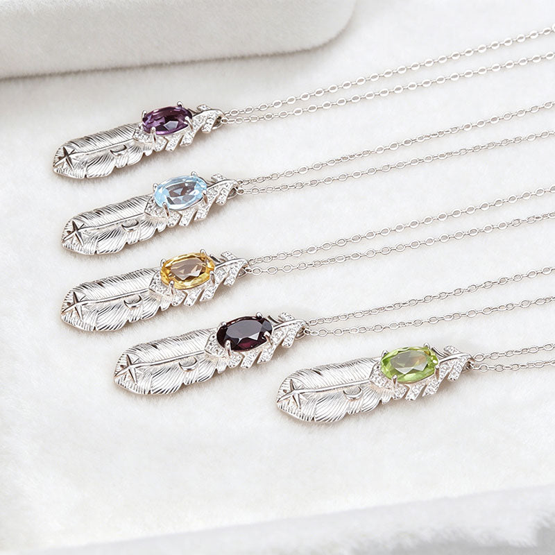 non-jewelry Feather Pendant Necklace with Natural Multi-Gemstones (Amethyst, Citrine, Aquamarine, Peridot, Garnet)