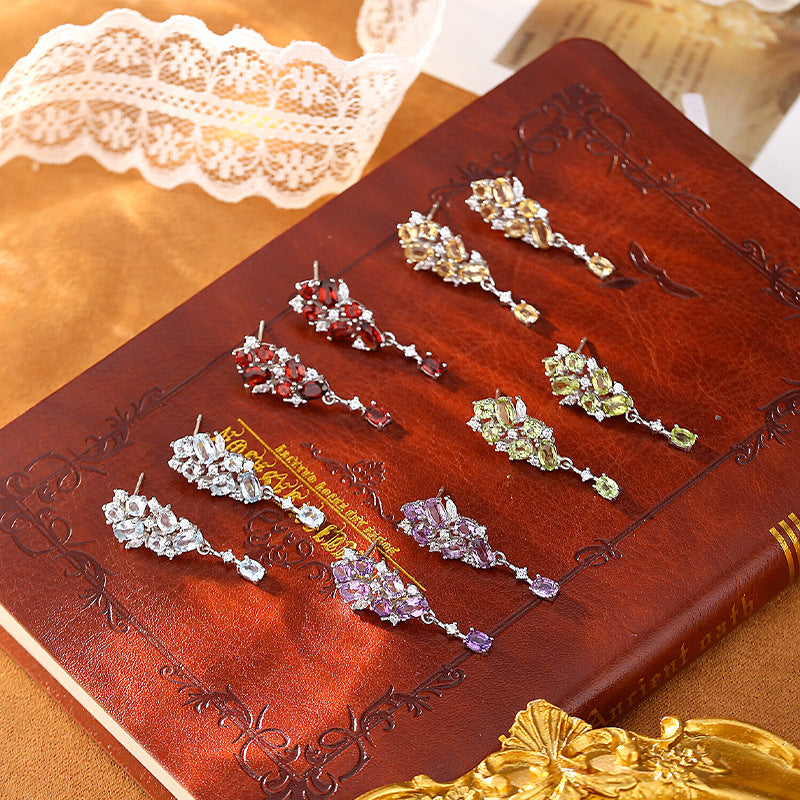 non-jewelry 925 Silver Drop Earrings with Natural Amethyst/Citrine/Garnet/Peridot/Topaz & Rhinestone Accents