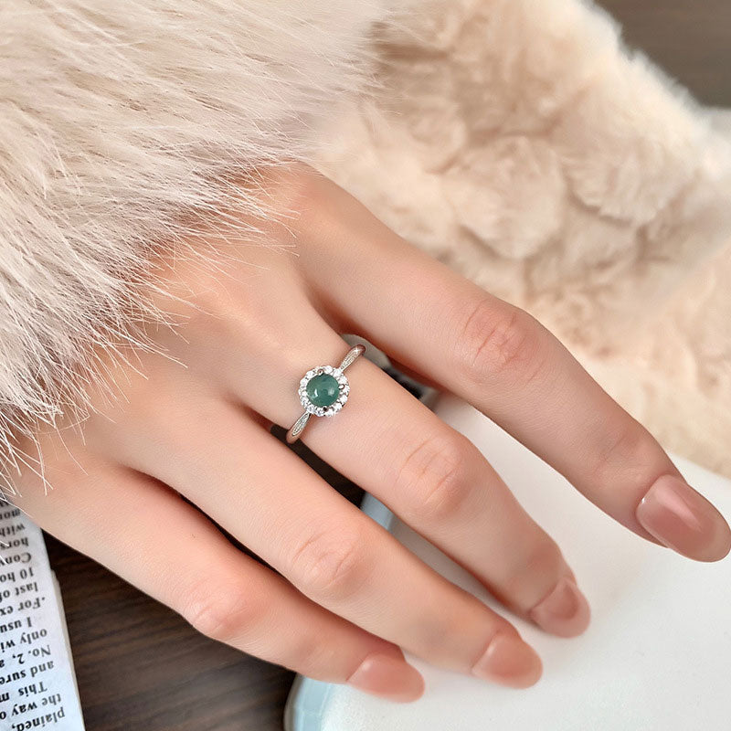 non-jewelry Blue Water Jadeite Open Ring, S925 Silver with Rhinestone Halo