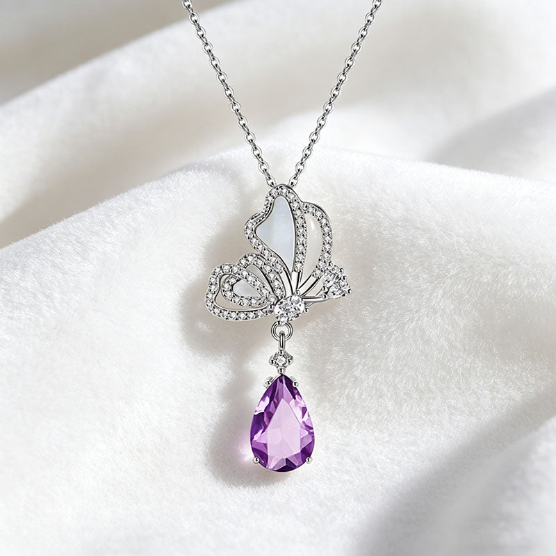 non-jewelry Butterfly Pendant Necklace in 925 Silver with Gemstone Drop