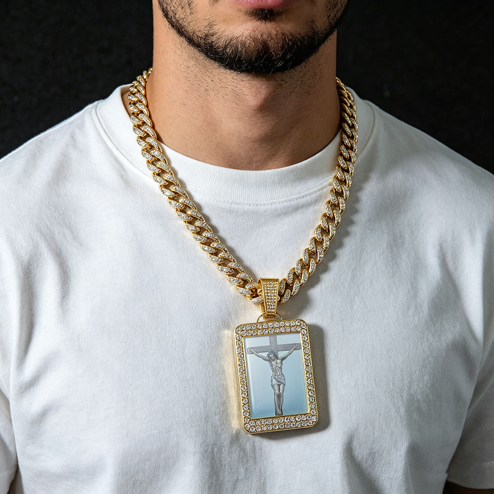non-jewelry Jesus Crucifix Photo Pendant Cuban Link Necklace