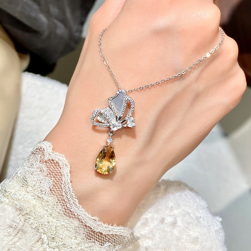 non-jewelry Butterfly Pendant Necklace in 925 Silver with Gemstone Drop