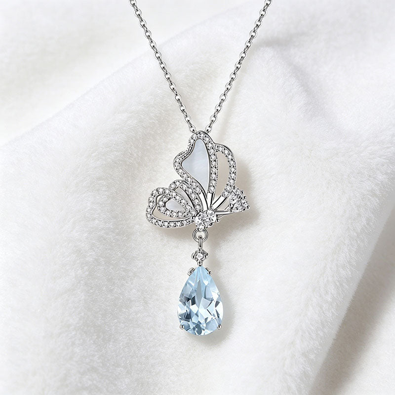 non-jewelry Butterfly Pendant Necklace in 925 Silver with Gemstone Drop