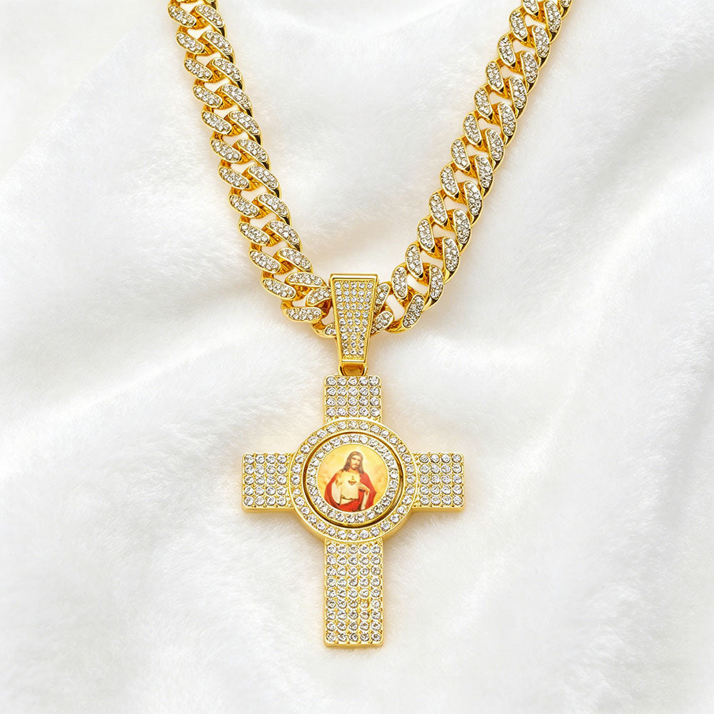 non-jewelry Faith-Inspired Heart Jesus Rotating Cross Cuban Link Necklace