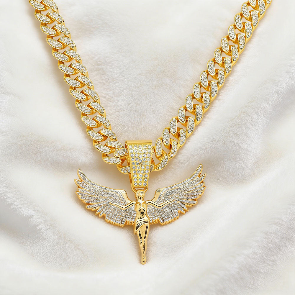 non-jewelry Iced Angel Wing Cuban Link Statement Necklace - Gold & Silver Tone