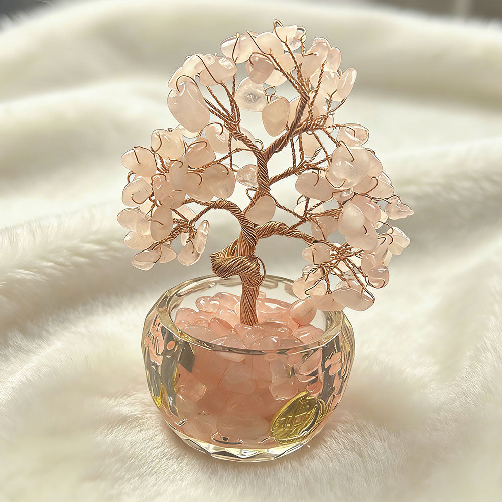 non-jewelry Rose Quartz Crystal Tree - Symbolic Heart & Soft Color Rooted Decor