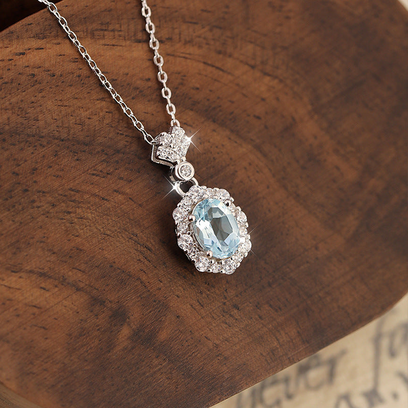 non-jewelry Aquamarine Halo Pendant Necklace, S925 Silver with Rhinestone Accents