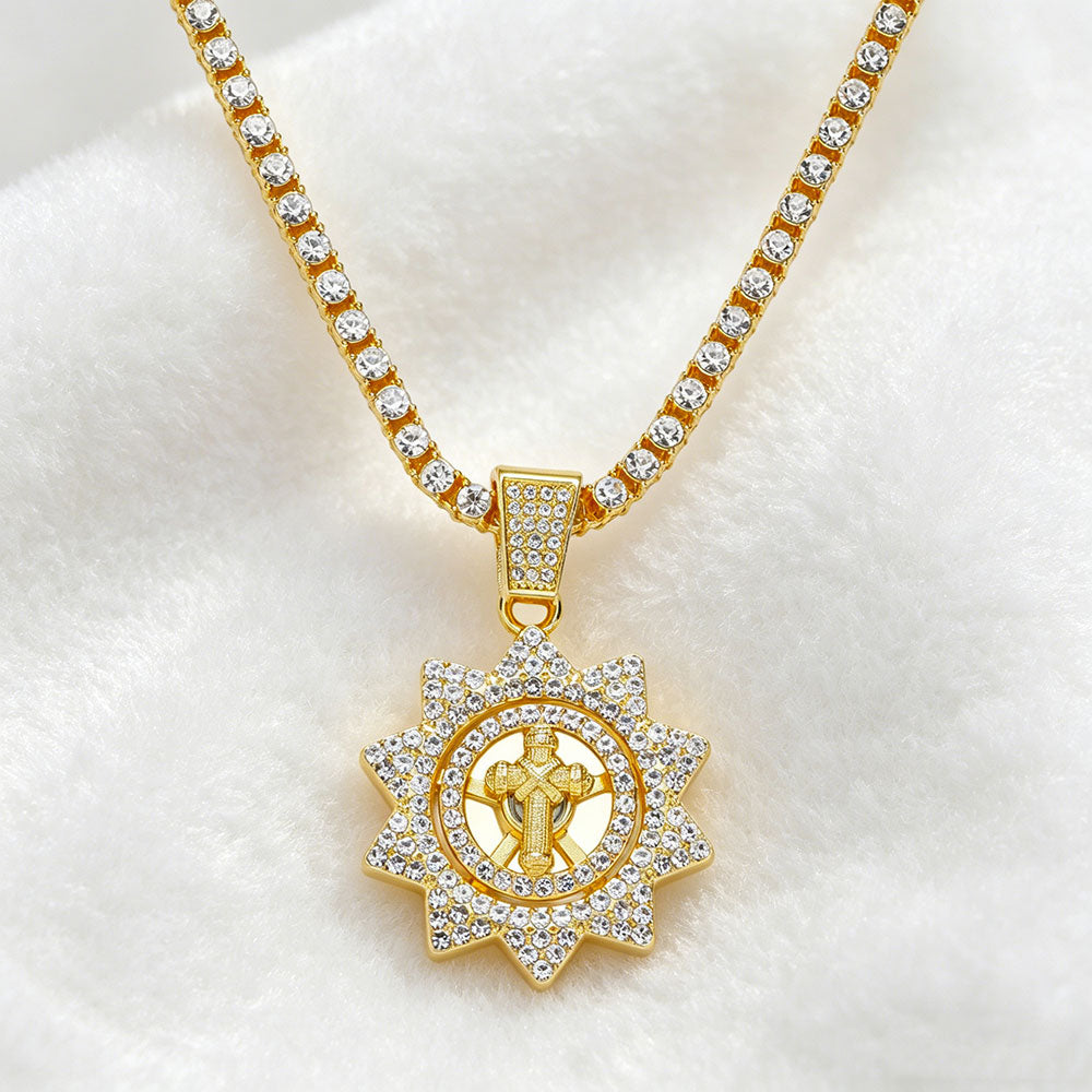 non-jewelry Rotatable Crucifix Sunburst Tennis Chain Necklace