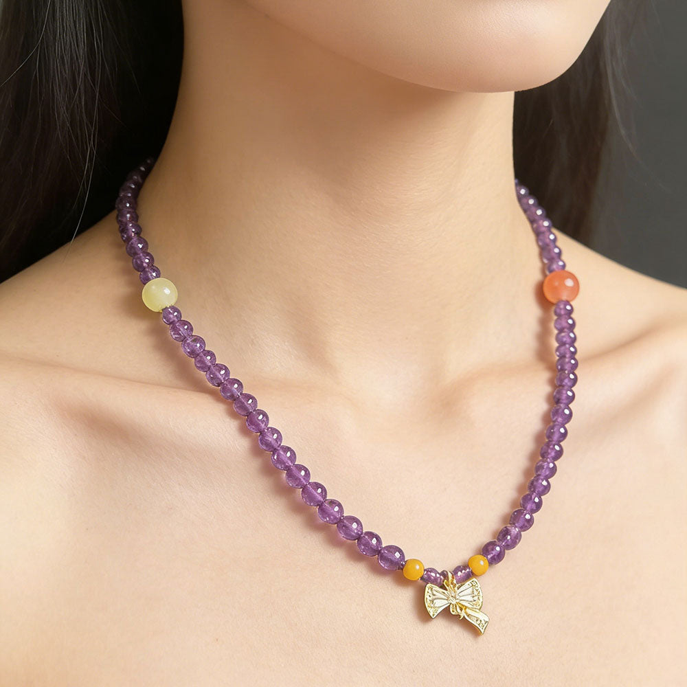 non-jewelry Amethyst & Mixed Crystal Beaded Bracelet with Gold Tone Butterfly Accent