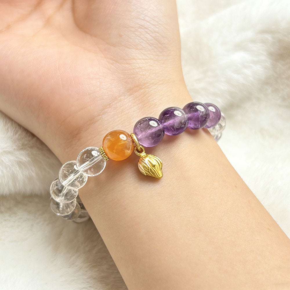 non-jewelry Clear Quartz Amethyst Beaded Bracelet with Lotus Charm