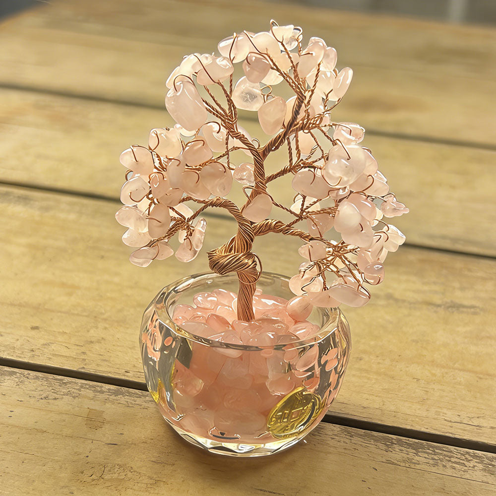 non-jewelry Rose Quartz Crystal Tree - Symbolic Heart & Soft Color Rooted Decor