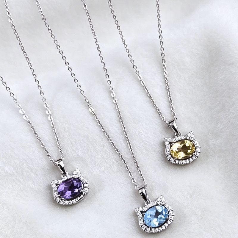 non-jewelry Cat Pendant Necklace with Natural Multi-Gemstones (Amethyst, Citrine, Aquamarine, Peridot, Garnet)