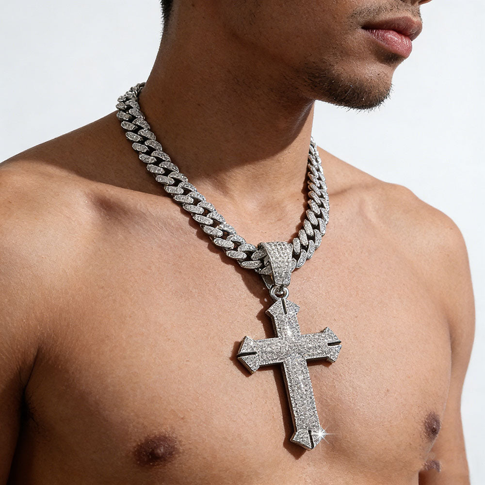 non-jewelry Iced Cross Cuban Link Statement Necklace - Gold & Silver Tone