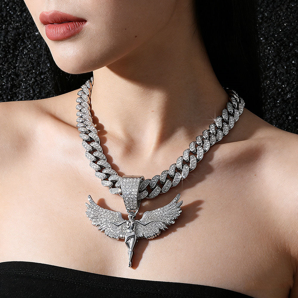 non-jewelry Iced Angel Wing Cuban Link Statement Necklace - Gold & Silver Tone
