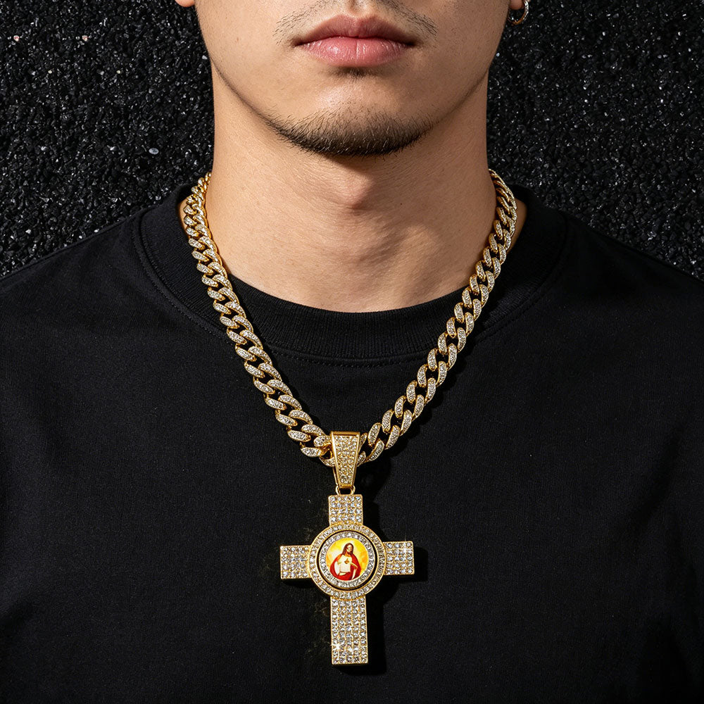 non-jewelry Faith-Inspired Heart Jesus Rotating Cross Cuban Link Necklace