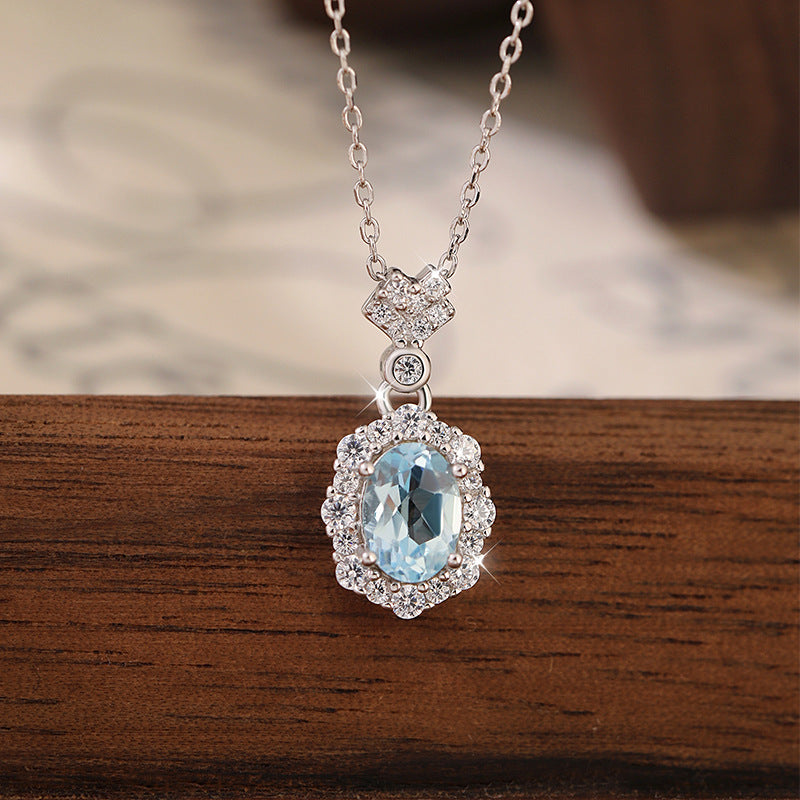 non-jewelry Aquamarine Halo Pendant Necklace, S925 Silver with Rhinestone Accents